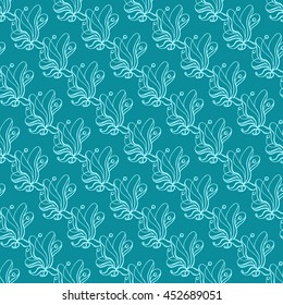 Seamless creative hand-drawn pattern of stylized flowers in light turquoise and blue-green colors. Vector illustration.