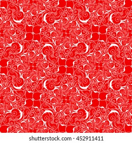 Seamless creative hand-drawn pattern of stylized flowers in white and bright scarlet colors. Vector illustration.