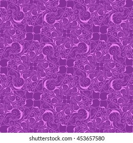 Seamless creative hand-drawn pattern of stylized flowers in bright violet and magenta colors. Vector illustration.