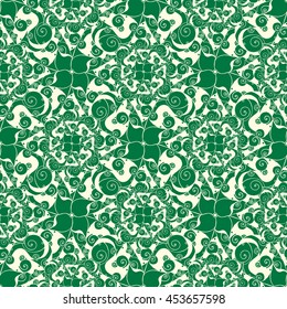Seamless creative hand-drawn pattern of stylized flowers in light yellow and dark green colors. Vector illustration.