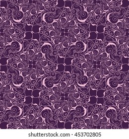 Seamless creative hand-drawn pattern of stylized flowers in dark violet and pale pink colors. Vector illustration.