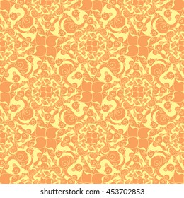 Seamless creative hand-drawn pattern of stylized flowers in pale yellow and peach-orange colors. Vector illustration.