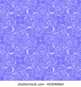 Seamless creative hand-drawn pattern of stylized flowers in bright cornflower blue and pale lilac colors. Vector illustration.