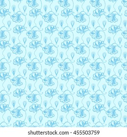 Seamless creative hand-drawn pattern of stylized flowers in pale cyan and light turquoise colors. Vector illustration.