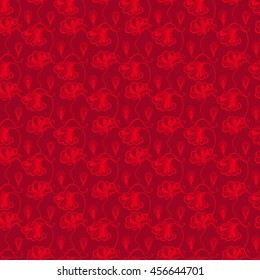 Seamless creative hand-drawn pattern of stylized flowers in bright red and maroon colors. Vector illustration.