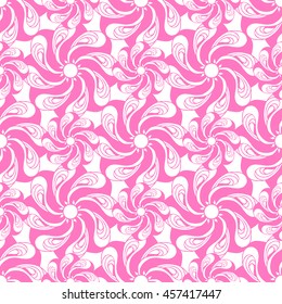 Seamless creative hand-drawn pattern of stylized flowers in pale magenta and white colors. Vector illustration.