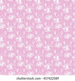 Seamless creative hand-drawn pattern of stylized flowers in white and pastel pink colors. Vector illustration.