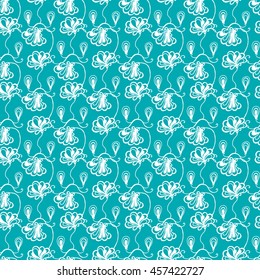 Seamless creative hand-drawn pattern of stylized flowers in white and blue-green colors. Vector illustration.