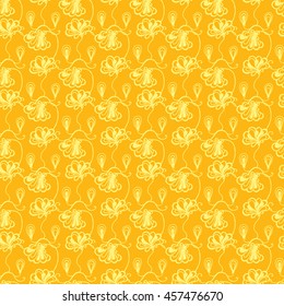 Seamless creative hand-drawn pattern of stylized flowers in yellow and orange colors. Vector illustration.