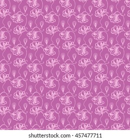 Seamless creative hand-drawn pattern of stylized flowers in mauve and pale magenta colors. Vector illustration.