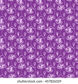 Seamless creative hand-drawn pattern of stylized flowers in bright violet and pale lilac colors. Vector illustration.