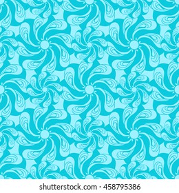 Seamless creative hand-drawn pattern of stylized flowers in light cyan and bright turquoise colors. Vector illustration.