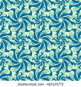 Seamless creative hand-drawn pattern of stylized flowers in pale pistachio and cerulean blue colors. Vector illustration.