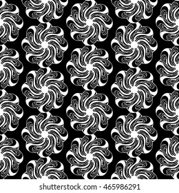 Seamless creative hand-drawn pattern of stylized flowers in black and white colors. Vector illustration.