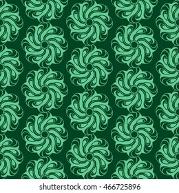 Seamless creative hand-drawn pattern of stylized flowers in pale jade and dark green colors. Vector illustration.