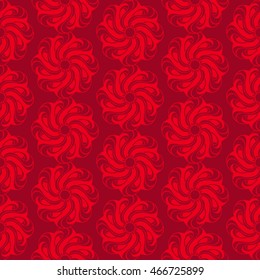 Seamless creative hand-drawn pattern of stylized flowers in bright red and maroon colors. Vector illustration.