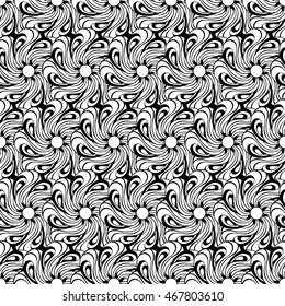 Seamless creative hand-drawn pattern of stylized flowers in black and white colors. Vector illustration.