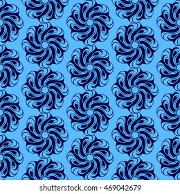 Seamless creative hand-drawn pattern of stylized flowers in bright cyan and indigo colors. Vector illustration.