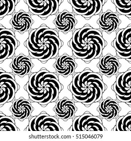 Seamless creative hand-drawn pattern of stylized flowers in black and white colors. Vector illustration.