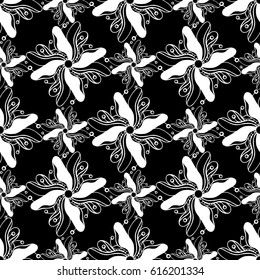 Seamless creative hand-drawn pattern of stylized flowers in black and white colors. Vector illustration.