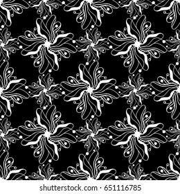 Seamless creative hand-drawn pattern of stylized flowers in black and white colors. Vector illustration.
