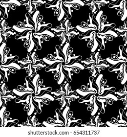 Seamless creative hand-drawn pattern of stylized flowers in black and white colors. Vector illustration.