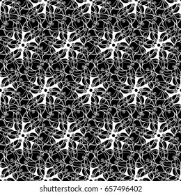Seamless creative hand-drawn pattern of stylized flowers in black and white colors. Vector illustration.