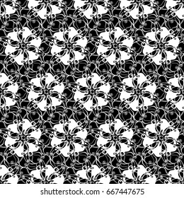 Seamless creative hand-drawn pattern of stylized flowers in black and white colors. Vector illustration.