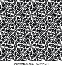 Seamless creative hand-drawn pattern of stylized flowers in black and white colors. Vector illustration.