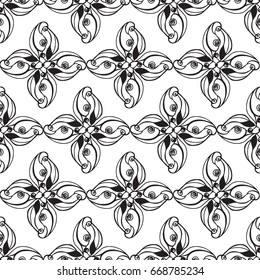 Seamless creative hand-drawn pattern of stylized flowers in black and white colors. Vector illustration.
