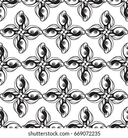 Seamless creative hand-drawn pattern of stylized flowers in black and white colors. Vector illustration.