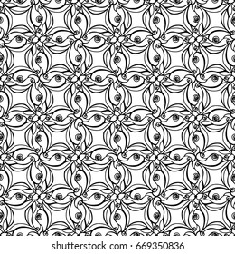 Seamless creative hand-drawn pattern of stylized flowers in black and white colors. Vector illustration.