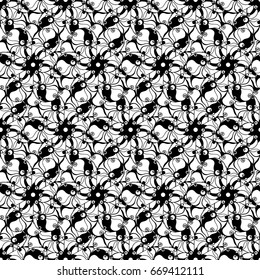 Seamless creative hand-drawn pattern of stylized flowers in black and white colors. Vector illustration.