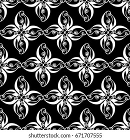 Seamless creative hand-drawn pattern of stylized flowers in black and white colors. Vector illustration.