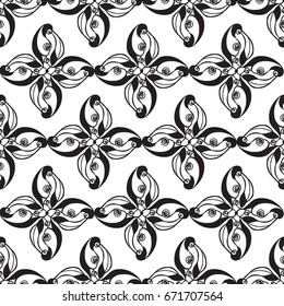 Seamless creative hand-drawn pattern of stylized flowers in black and white colors. Vector illustration.