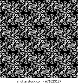 Seamless creative hand-drawn pattern of stylized flowers in black and white colors. Vector illustration.