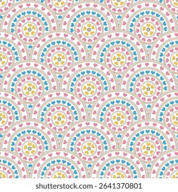 Seamless creative heart Ornamental vintage gray background Geometric vector Pattern. Mosaic Texture, Textile Print, red and spring theme colors spray mandala design type background pattern for textile