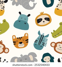 Patrón creativo sin fisuras con animales lindos. Animales africanos, hipopótamo, cebra, tigre, mono. Diseño infantil sin costuras para Fondo de pantalla, textil, tela y portada de cuaderno.