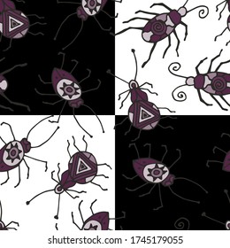 Seamless creative pattern with different types of beetles.