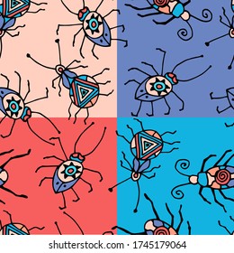 Seamless creative pattern with different types of beetles.