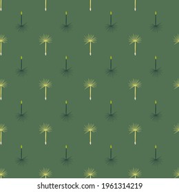 Seamless creative pattern with doodle dandelion ornament print. Green background. Simple floral artwork. Stock illustration. Vector design for textile, fabric, giftwrap, wallpapers.