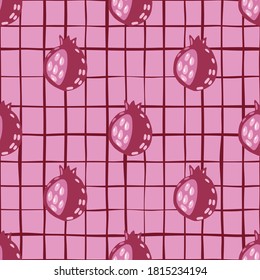 Patrón creativo impecable con la impresión de comida. Ornamento de frutas y fondo a cuadros con tonos lilas. Perfecto para papel pintado, textil, papel envolvente, impresión de tela. Ilustración vectorial.