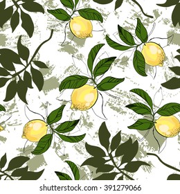 Seamless creative pattern on white background. Vector illustration with lemons. Grunge texture.