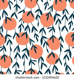 Seamless creative pattern with oranges. Flat fruity ornament. Doodle elements in trendy color. Vector repeating texture. Modern swatch. Hipsters scandinavian backdrop for clothing or interior design.
