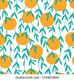 Seamless creative pattern with oranges. Flat fruity ornament. Doodle elements in trendy color. Vector repeating texture. Modern swatch. Hipsters scandinavian backdrop for clothing or interior design.