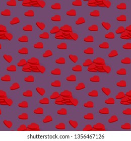 Seamless Creative Pattern of Red Hearts Heaps Spreaded on Purple Background. Abstract Texture for Fabric, Textile. Wallpaper Ornament, Wrapping Print. Love and Dating 3D Isometric Vector Illustration.