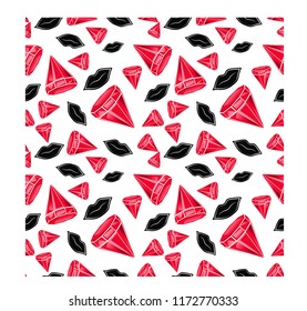 Seamless creative pattern texture with red diamond stone and black lips kiss