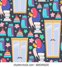 Seamless creative pattern. Vector background with girl, cat and different elements. Design for prints, shirts and posters.