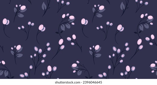 Seamless creative purple berries branches with drops, dots pattern on a dark blue background. Vector hand draw sketch. Design for fashion, fabric, wallpaper.