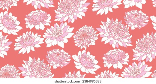 Seamless creative simple abstract flowers pattern. Vector hand drawn shape, silhouettes pink peonies, dahlia on a orange back print.